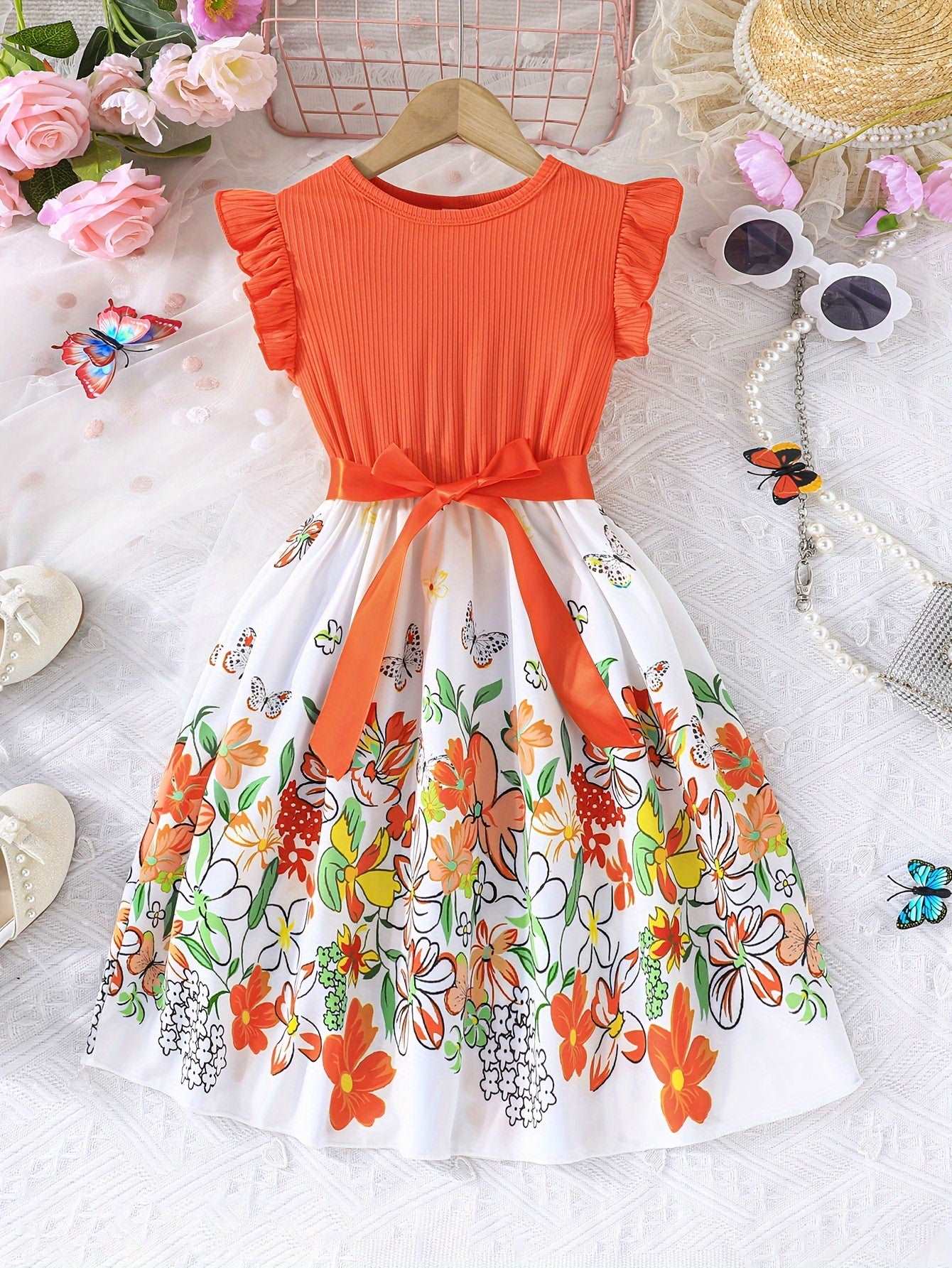 Vestido Casual Floral para Niñas con Volantes y Cinturón de Lazo