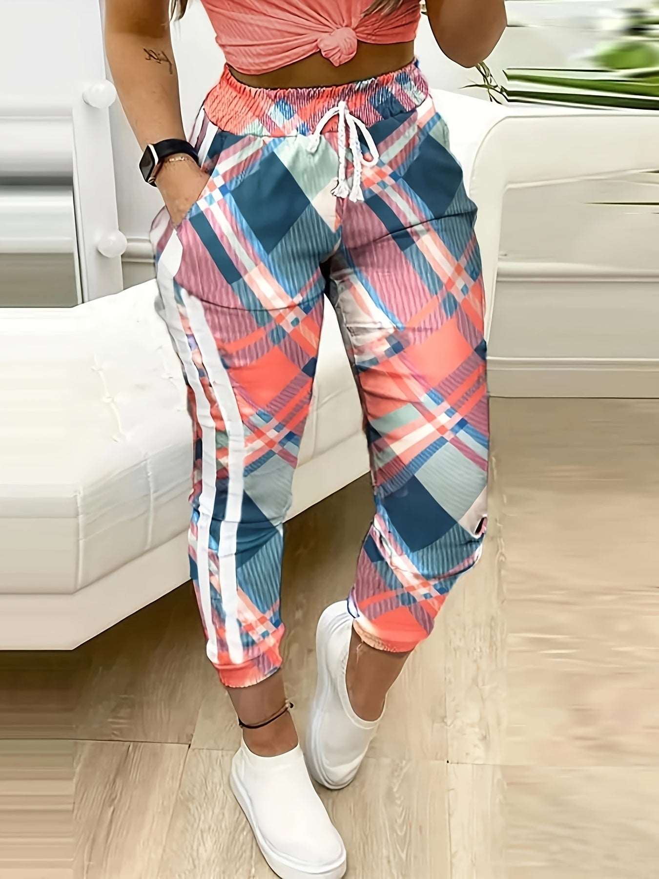 Pantalones Jogger Ajustados Con Estampado De Cuadros, Pantalones Casuales Con Cordón Y Bolsillo Inclinado, Ropa De Mujer