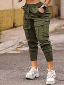 Pantalones cargo estilo jogger con bolsillo con solapa lisos, pantalones casuales con cordón para primavera y otoño, ropa de mujer