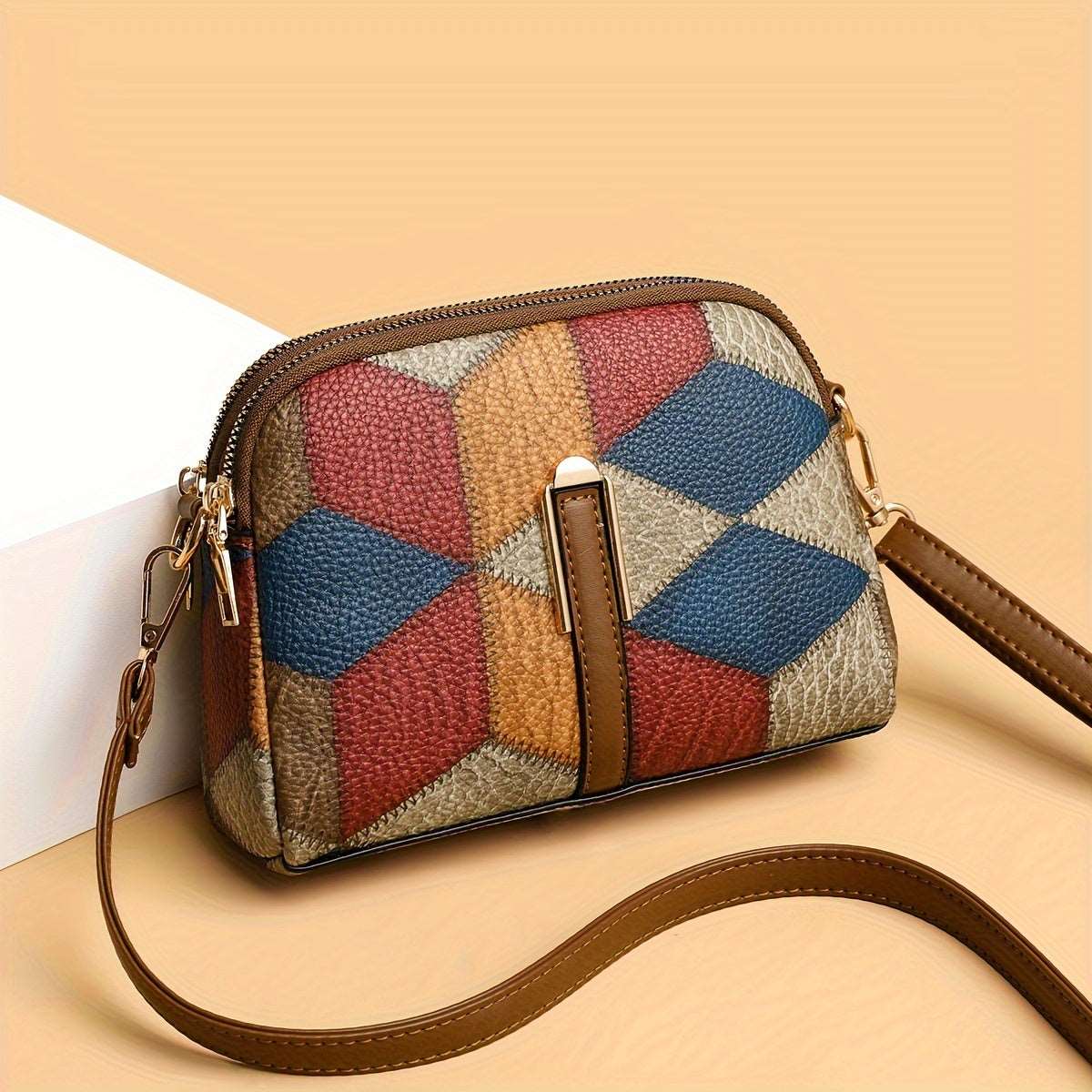 Mini Bolso Bandolera Colorblock, Bolso Retro Con Patrón De Rombos, Bolso De Hombro De Moda Para Mujer