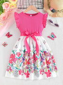 Vestido Casual Floral para Niñas con Volantes y Cinturón de Lazo