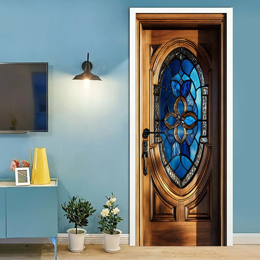 Vitral Ovalado Azul con Detalles Florales para Puertas - Elegancia y Estilo Personalizado