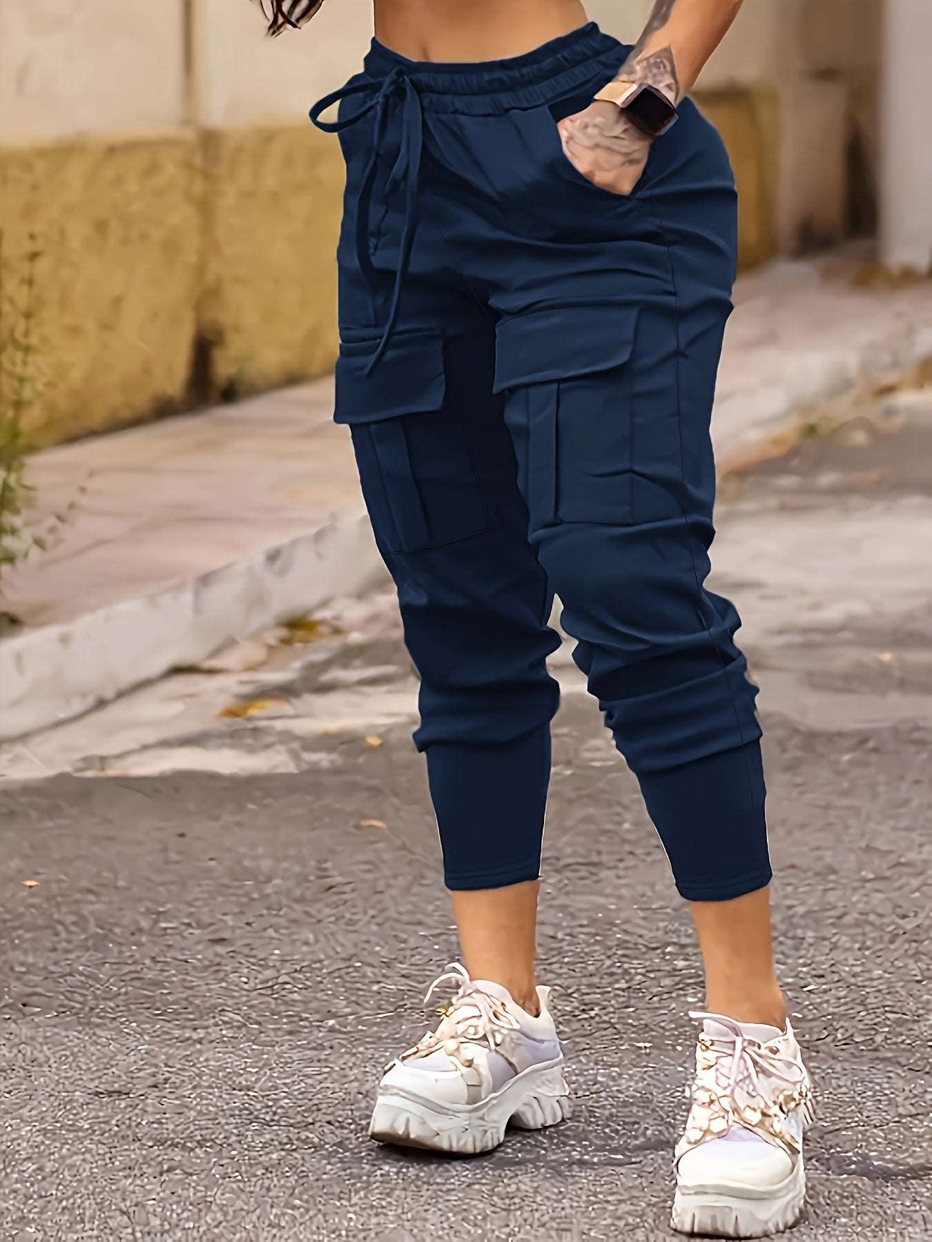 Pantalones cargo estilo jogger con bolsillo con solapa lisos, pantalones casuales con cordón para primavera y otoño, ropa de mujer