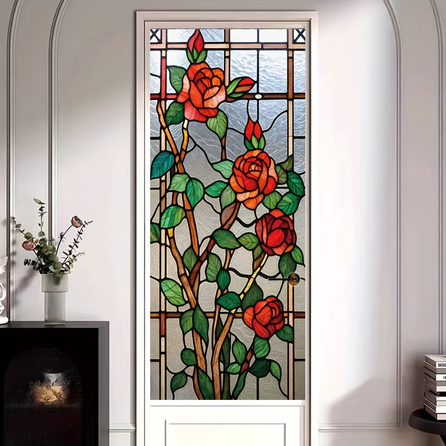 1pc, Vintage Rose Stained Glass Window Film, 1mil Thick, PVC, Static Cling, for Bedroom, Living Room, Bathroom, Kitchen, Door & Window Decor, European Style Home Decoration