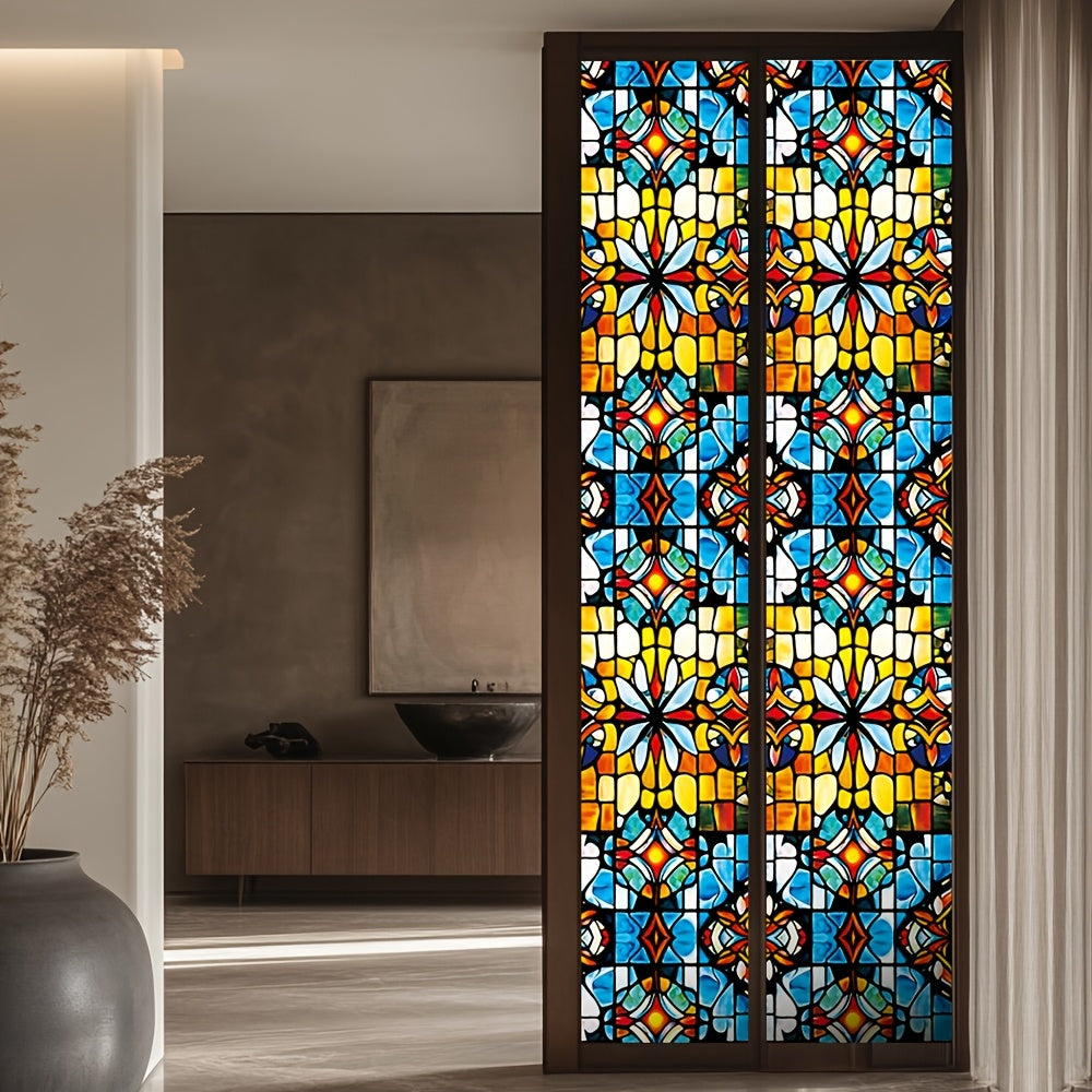 1 Roll Bohemian Style Static Cling Window Film - 8mil Thick PVC, Colorful Floral Stained Glass Design, UV & Heat Protection, Privacy Enhancing, Non-Adhesive for Home Decor, Sun Shade for Windows & Doors