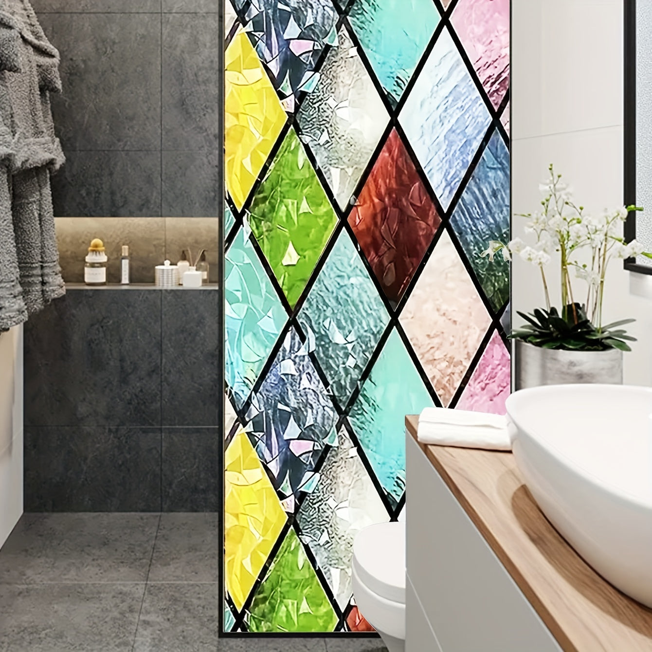 Vitral Colorido con Rombo y Media Luna - Decoración para Puertas y Baños