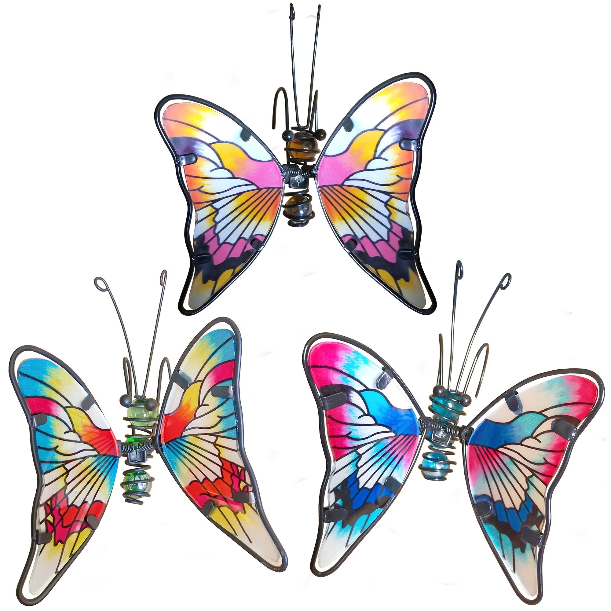 Set de 3 Mariposas Colgantes - Decoración Exterior de Metal y Vidrio