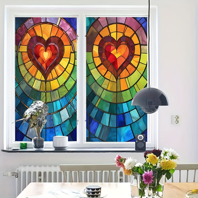 Vitral Colorido con Patrón de Corazón - Decoración para Hogar y Ventanas