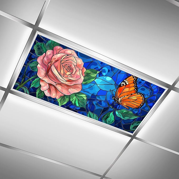 Tragaluz de Vitral con Rosa y Mariposa - Arte Elegante para Techos