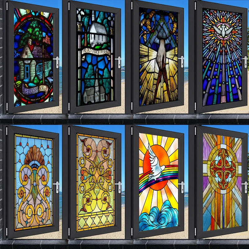 Window Film Stained Glass Stickers,Custom size Static Cling Church Style Privacy Films Door Sticker Kitchen Office Home Decor