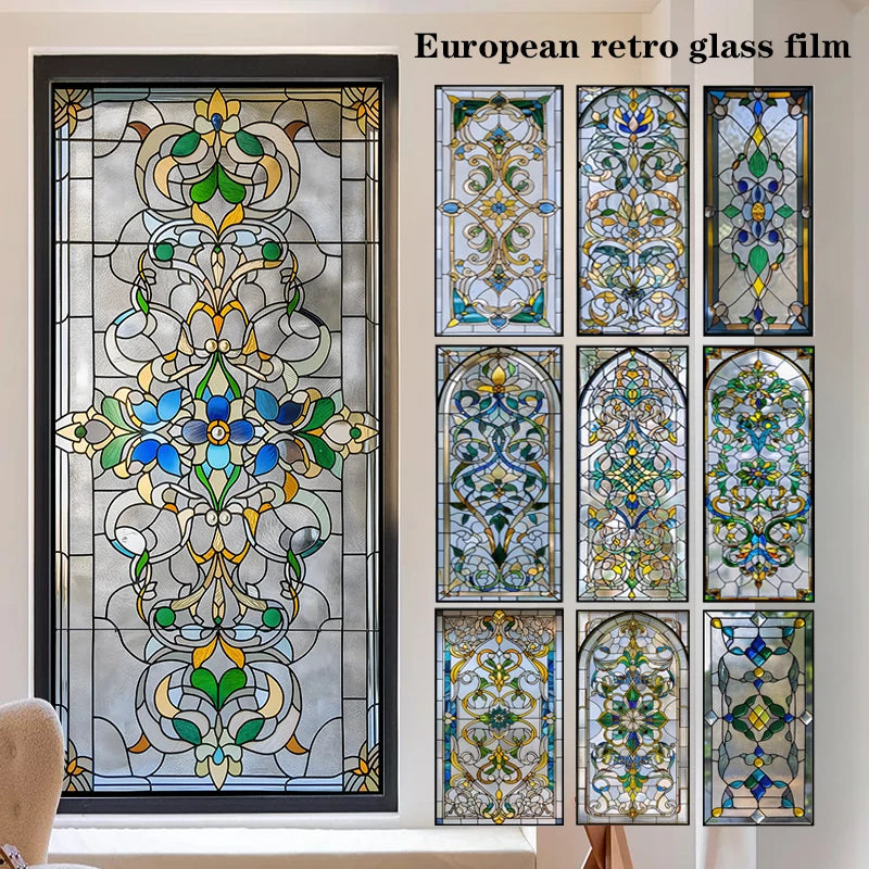 European Retro Glass Film, American Colored Glass Film, Window Sticker Stained Glass Window FilM Static Cling  Frosted / Etched