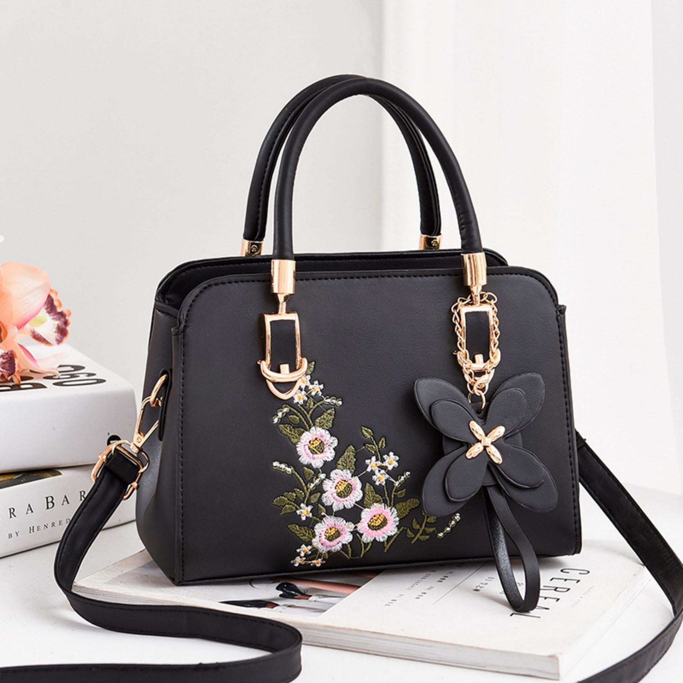 Bolso Elegante De Flores Para Mujer, Bolso De Mano De Cuero Vegano Con Asas Dobles, Bolso De Bandolera Y Cartera De Moda