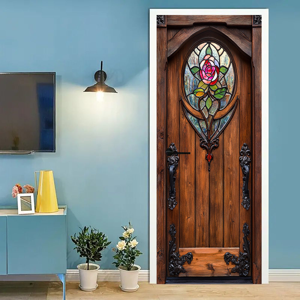 Vitral Gótico con Rosa en Tono Multicolor - Elegancia Clásica para Puertas