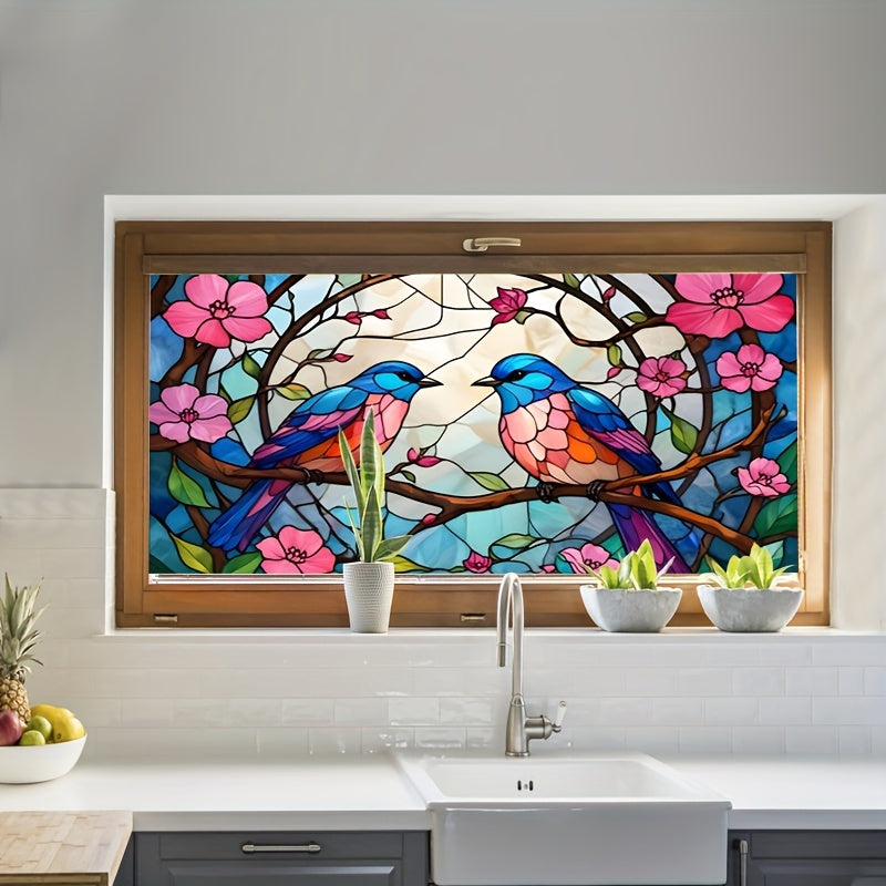 Vitral Colorido con Flores y Pájaros - Decoración para Ventanas y Puertas