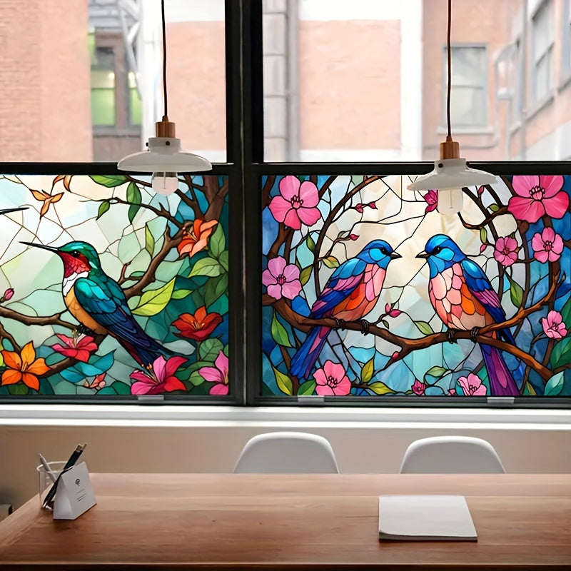 Vitral Colorido con Flores y Pájaros - Decoración para Ventanas y Puertas