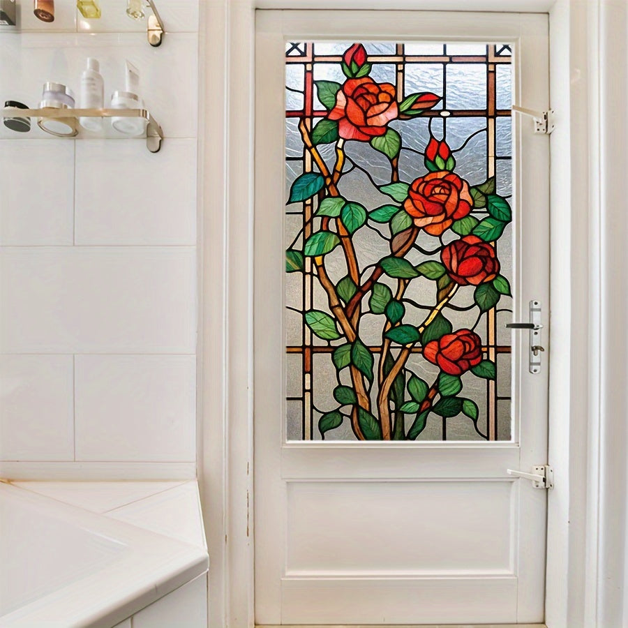 1pc, Vintage Rose Stained Glass Window Film, 1mil Thick, PVC, Static Cling, for Bedroom, Living Room, Bathroom, Kitchen, Door & Window Decor, European Style Home Decoration