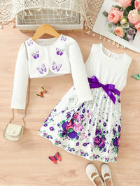 Conjunto de Vestido y Cárdigan de Mariposas para Niña - Versátil y Elegante