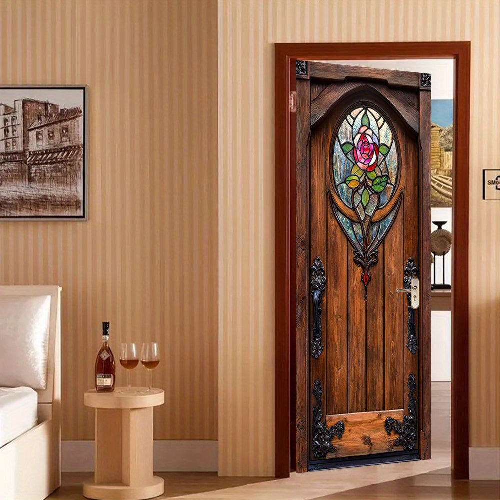 Vitral Gótico con Rosa en Tono Multicolor - Elegancia Clásica para Puertas