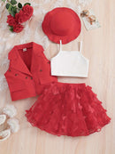 Conjunto de 4 piezas para niña: chaleco, camisola, sombrero y falda