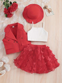 Conjunto de 4 piezas para niña: chaleco, camisola, sombrero y falda